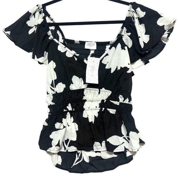 Sienna Sky Tops - Sienna Sky Black Floral Blouse Smocked Flutter Sleeve Milkmaid Airy Womens L NWT